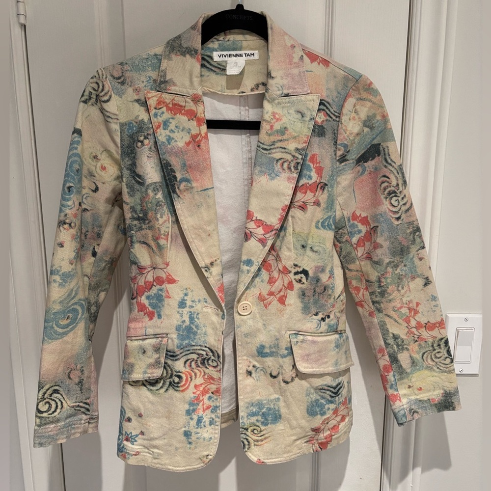 Vintage Vivienne Tam Print Denim Jacket Y2K 99% Cotton Size 0 Statement Piece